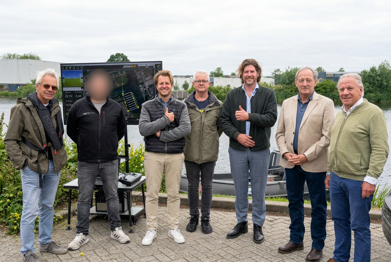Aquadrone team with Lt. Gen. (ret.) Mart de Kruif beside the River Whale USV on a Dutch waterway
