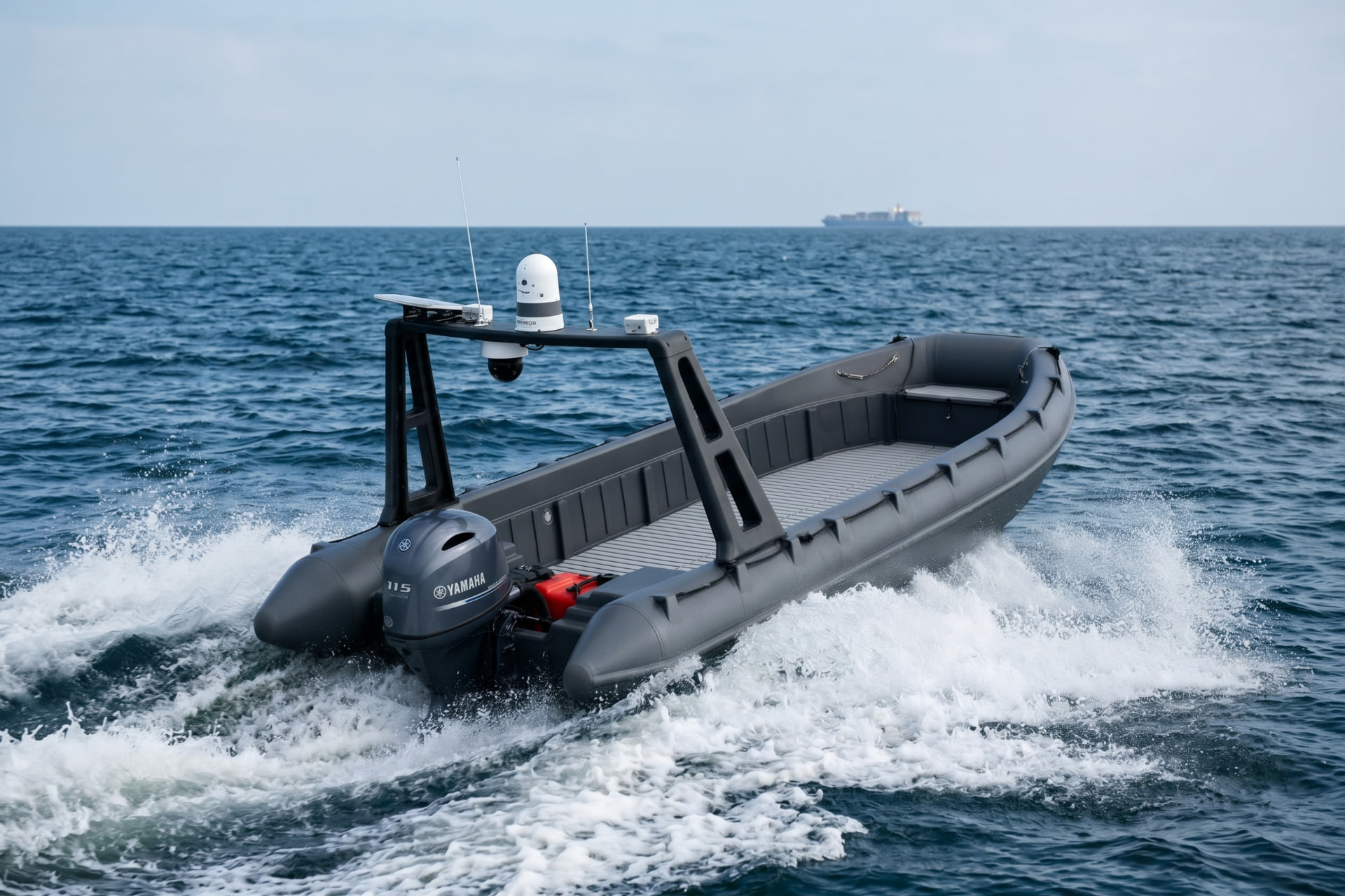 River Whale XL underway at sea, stern quarter view with sensor mast and outboard